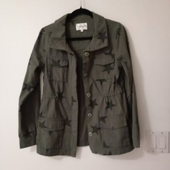 Vigoss Utility Jacket Olive Star Print Button Front Cinched Waist Womens - Picture 5 of 12
